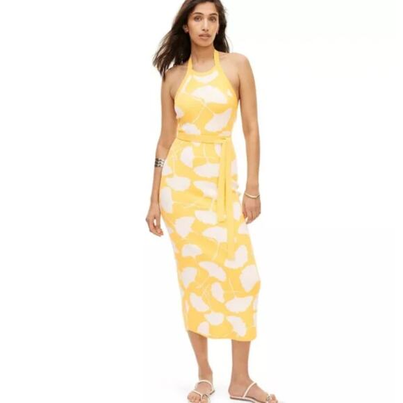 Diane Von Furstenberg DVF Target Yellow Gingko Halter Tie Knit Midi Dress S - Picture 2 of 10